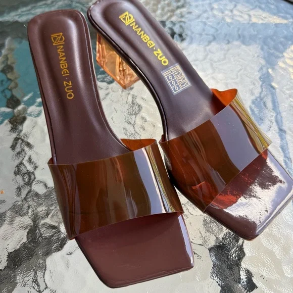 Square toed Brown Women's Slide Heels - Picture 7 of 7